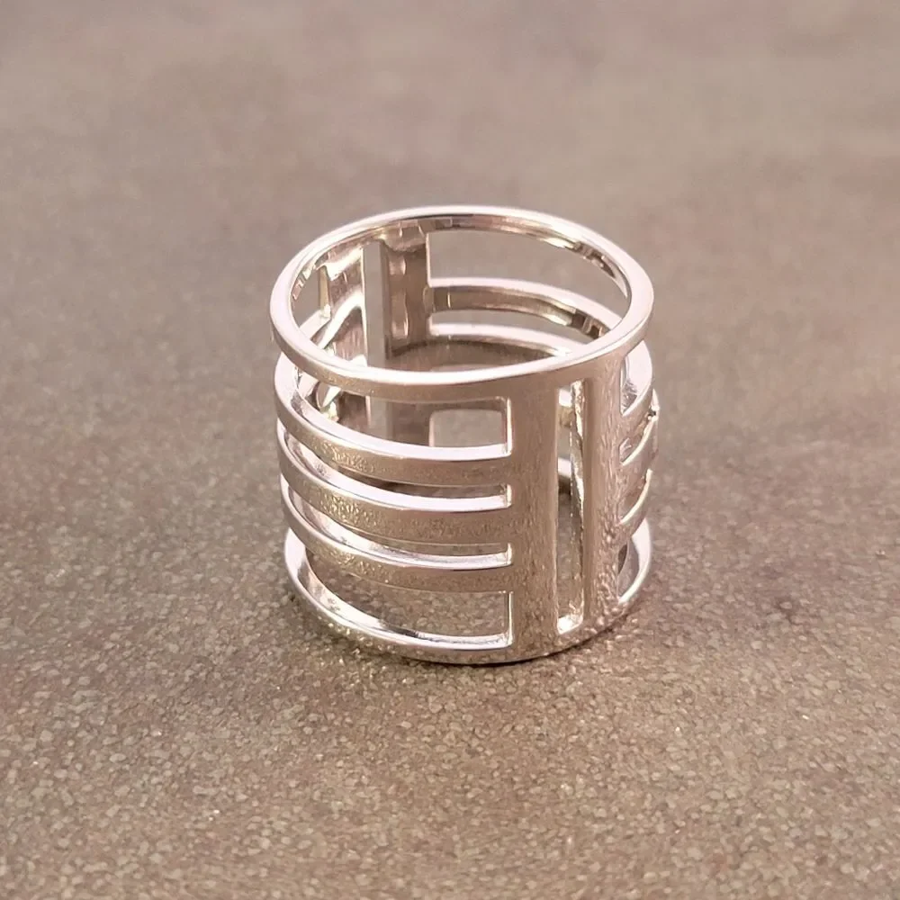 New Elle Sterling Silver Modern Openwork Bands Statement Ring